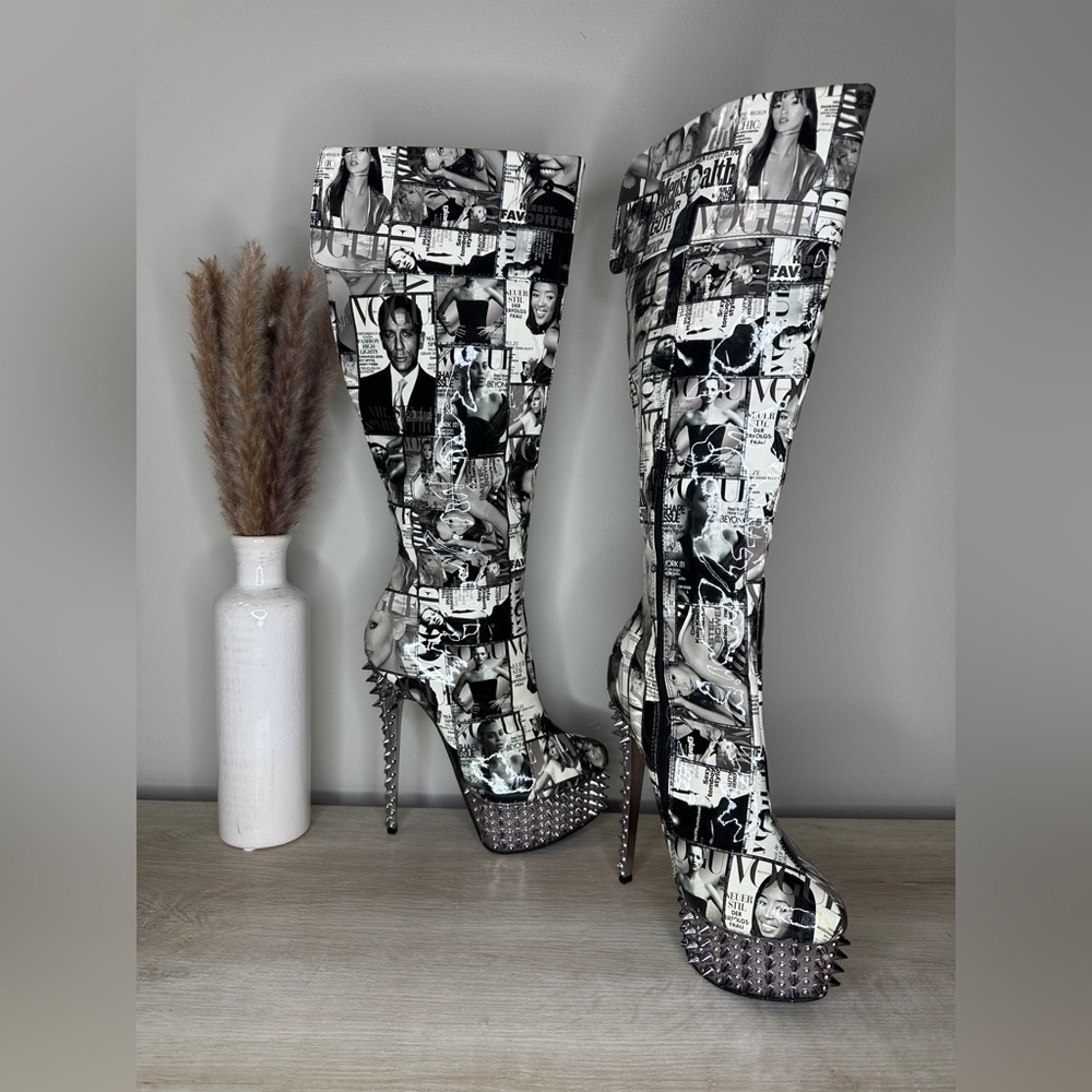 Black and White Vogue Print Knee High Boots with Pointed Studded Platform Heels